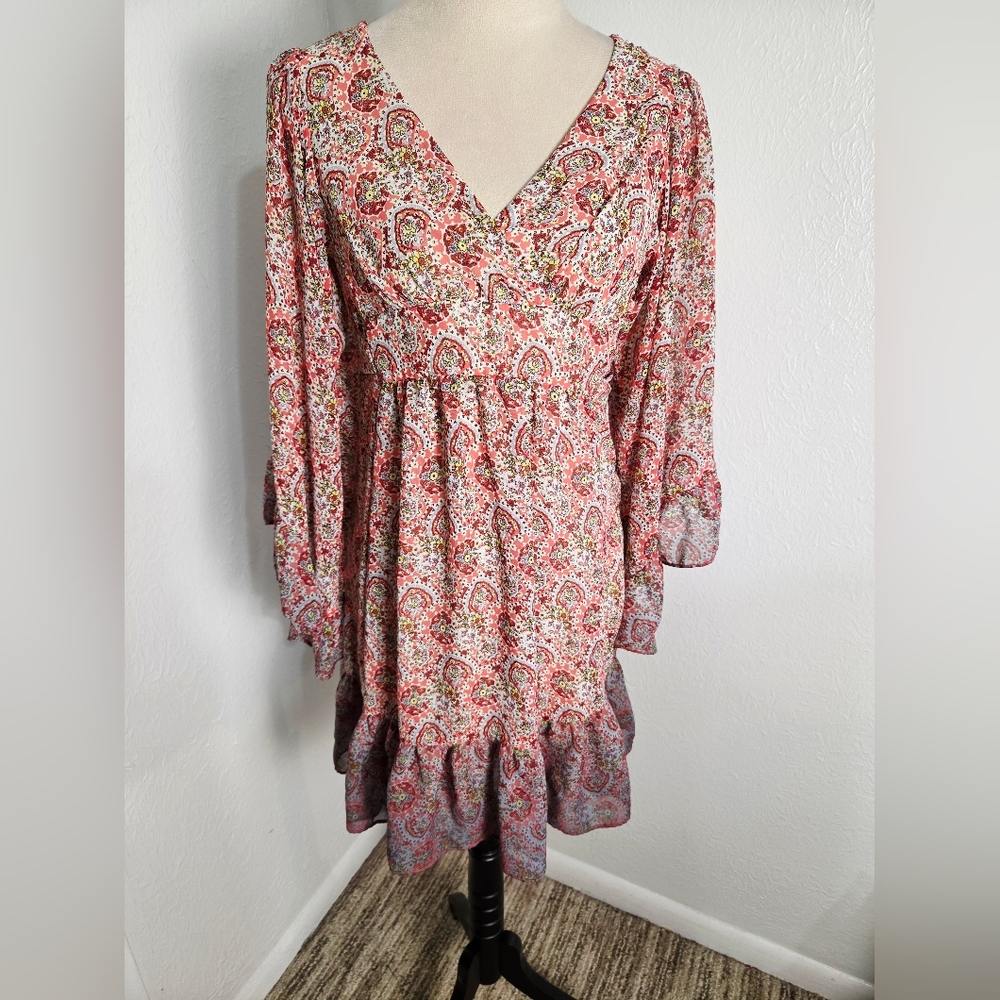 Betsey Johnson Pink & Red Paisley Dress, Long Bell Sleeves, Ruffled Hem, Sz 6 - Picture 3 of 14